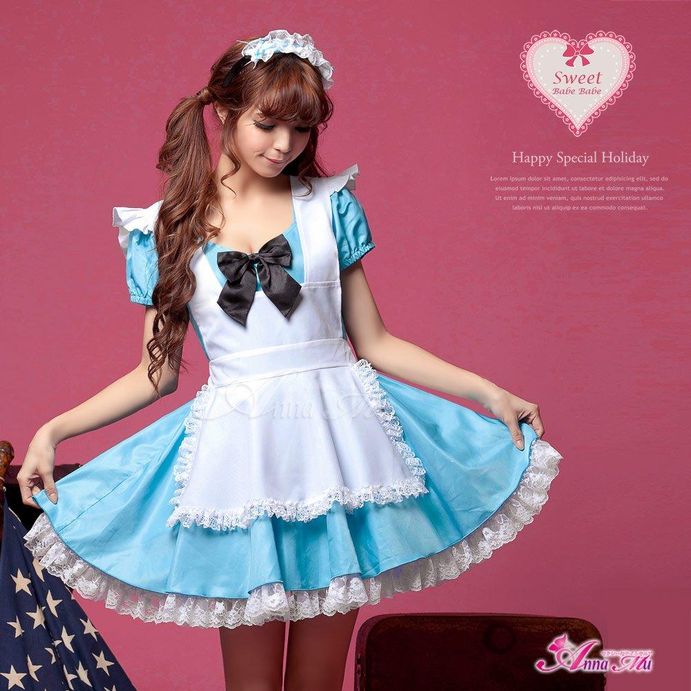 [Anna Mu] Alice In Wonderland Maid Costume Apron Dress Uniform One-Piece Dress with Frills Women's Halloween Light Blue M Z686-1