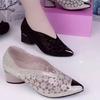 Round Heel Single Shoes Autumn New Metallic Pointed Toe Shallow Mouth Cutout Breathable Rhinestone Mid-heel Shoes