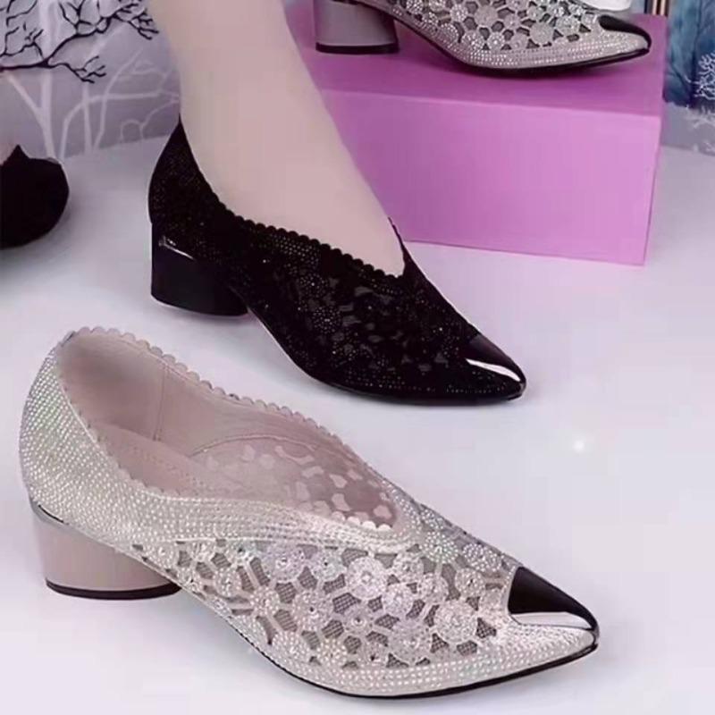 Round Heel Single Shoes Autumn New Metallic Pointed Toe Shallow Mouth Cutout Breathable Rhinestone Mid-heel Shoes