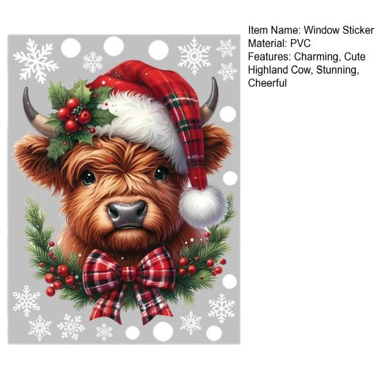 Self Adhesive Kitchen Wall Art Christmas Window Clings, Cute Highland Cow Sticker with Santa Hat, Winter Moisture Proof Decor for Double-Side
