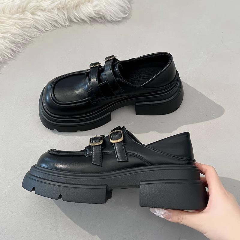 

Thick heel thick sole spring with versatile loafer single shoes new British style retro skirt black small leather shoes women s fashion 40 матовий чорний колір