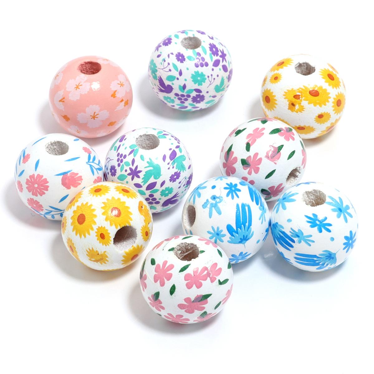 

10Pcs 16mm Natural Wooden Beads Colored Butterfly Flower Star Print Spacer Beads For DIY Craft Bracelet Phone Chain Accessories