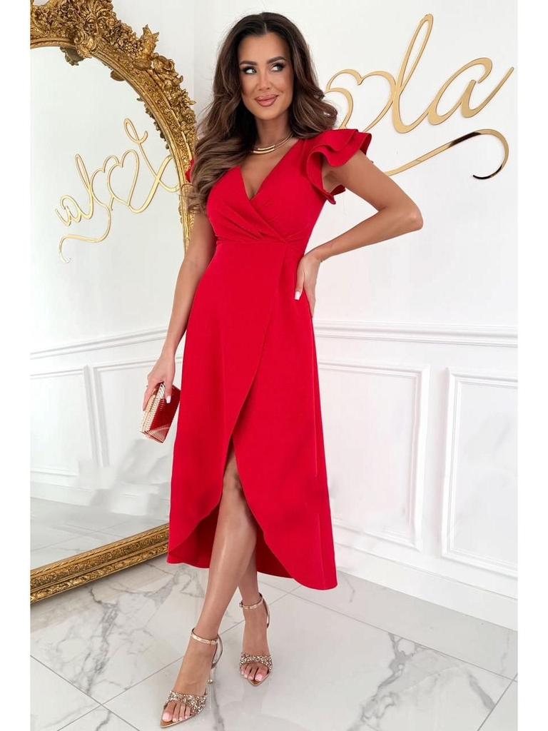 Solid Color V-Neck Ruffle Sleeve Dress with Waist-Cinching Design for Women - 2025 Summer Collection