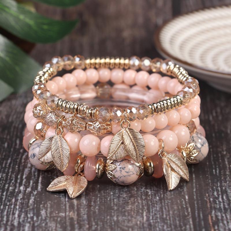 Bohemian Bracelet Leaf Ethnic Style Pendant Elastic Rope Beaded Multi-layer Bracelet
