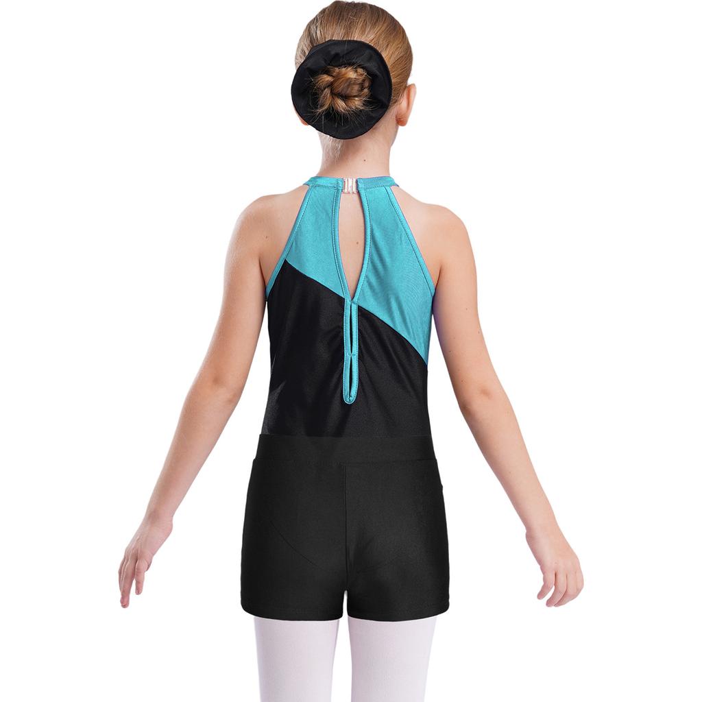 Girls Dancewear Set Sleeveless Leotard Round Neck Hollow Back Rhinestone Decorated V Front Shorts