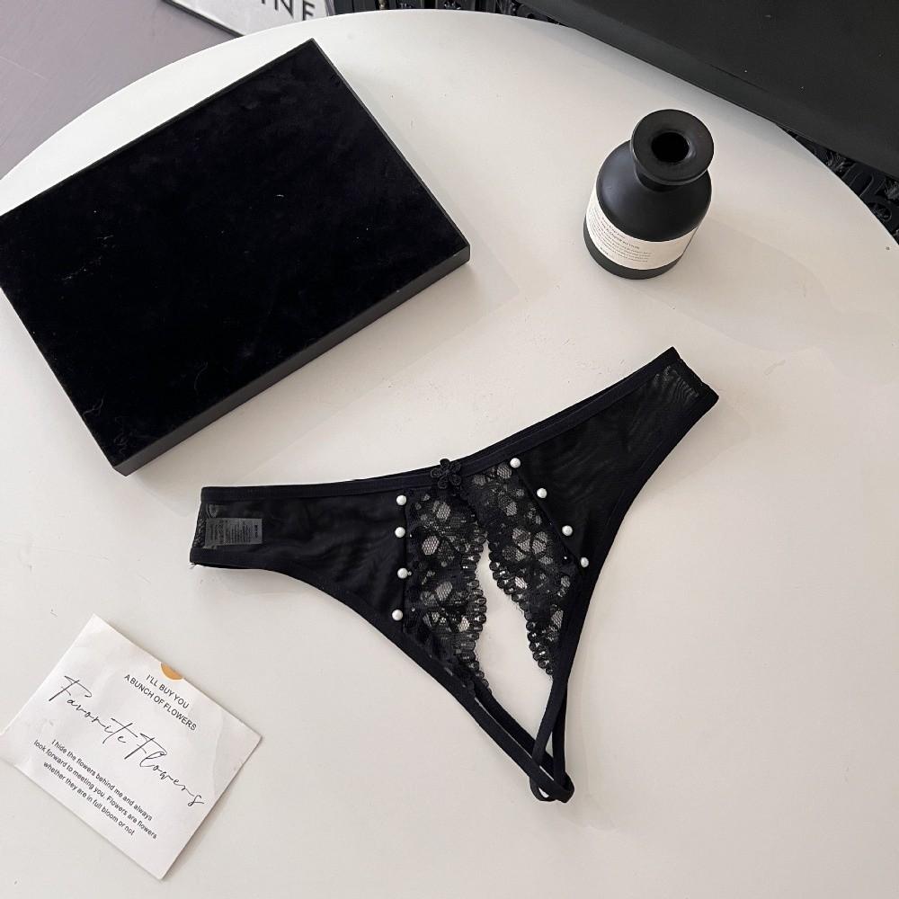 Low Waist Lace Flower Briefs Women Pearl Decor Mesh T Panties Sheer Mesh Lace Thong  Home