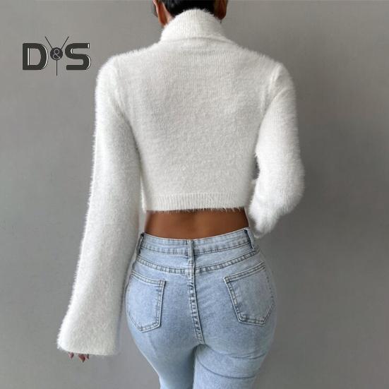 Kurzer Pullover für Damen, hoher Kragen, ausgestellt, lange Ärmel, einfarbig, schmale Passform, lässige Oberteile, freiliegender Nabel, Strickmode