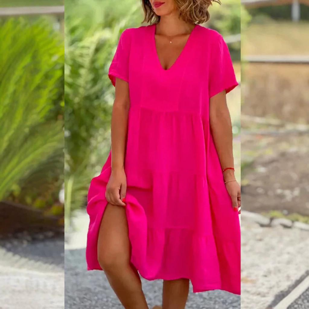 Sommerkleid für Mädchen mit V-Ausschnitt und Falten aus Baumwoll-Leinen-Stoff für Freizeitkleidung
