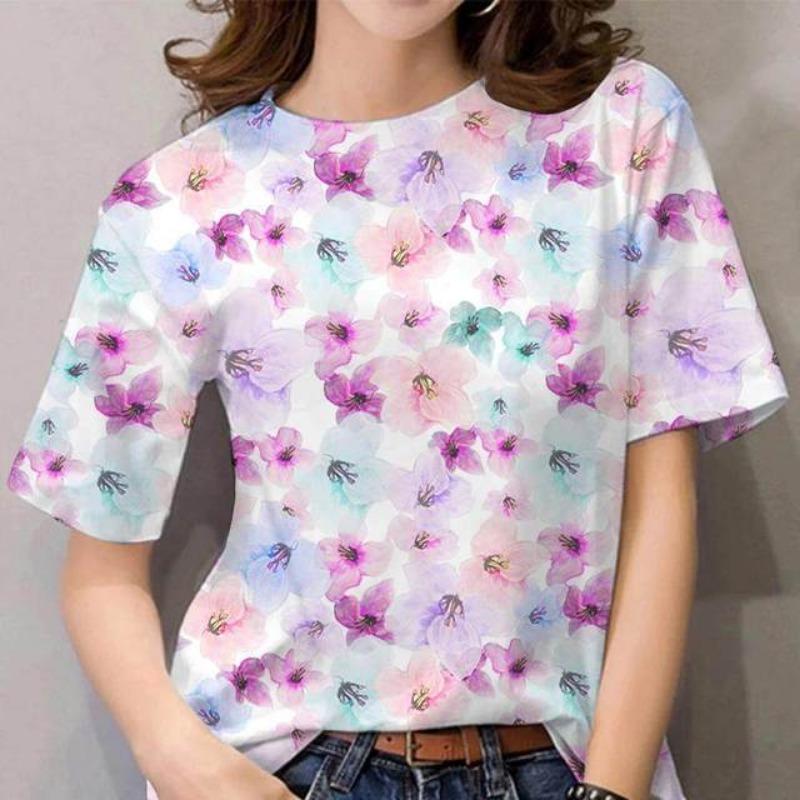 Women's T-shirt for Girls Summer Short Sleeve Fashion Sexy Girls Clothes Y2k Print Tees Wowen's Floral Graphic Oversized T-shirt