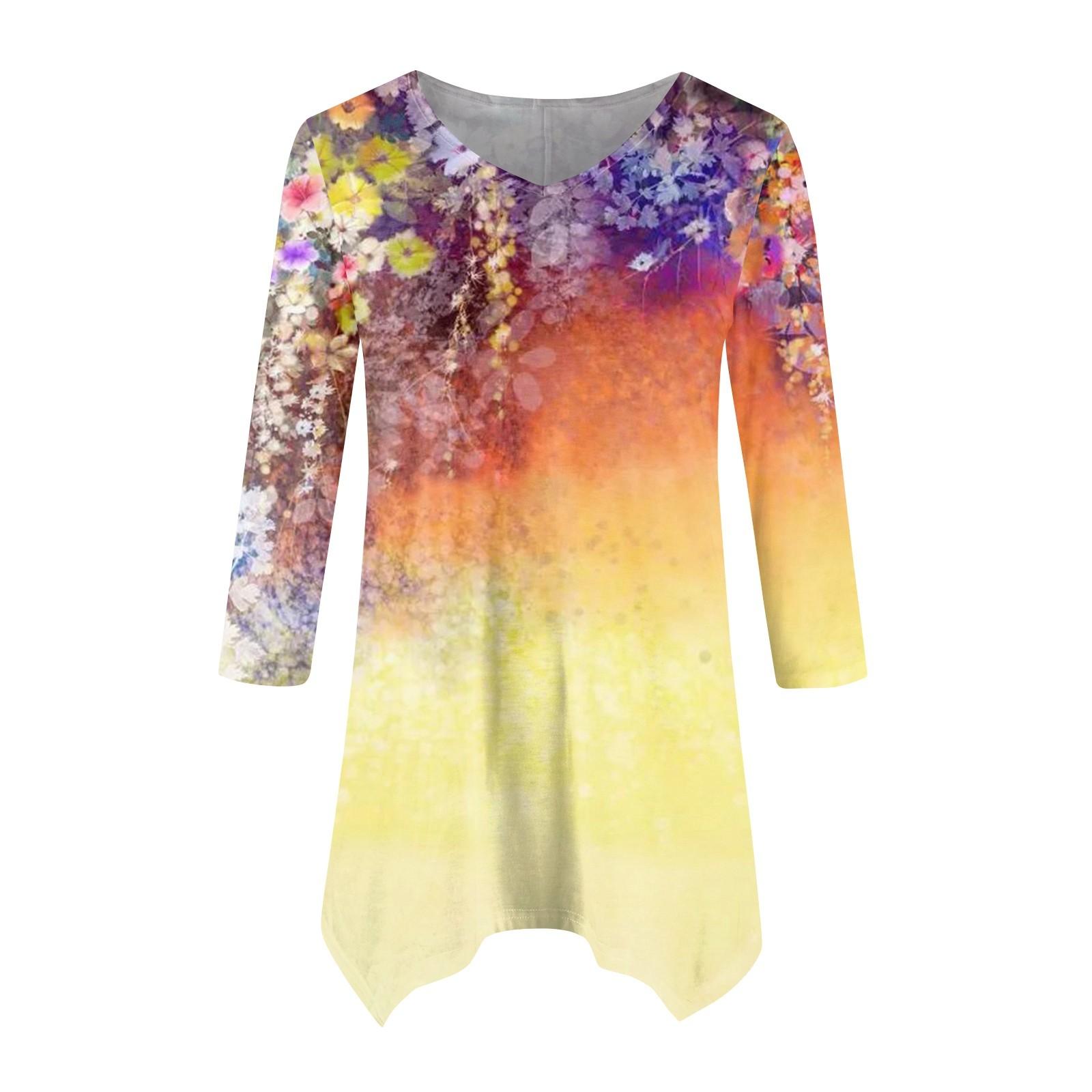 

Женская модная повседневная рубашка с V-образным вырезом и цветочным принтом, рукава семь точек, свободный удобный топ с поясом XL жёлтый