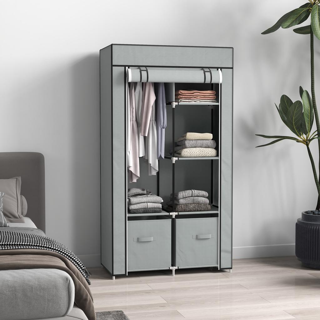 Wardrobe Fabric Wardrobe 1 Clothes Rail, 2 Drawers, 83 x 42.5 x 162.5 cm, Grey
