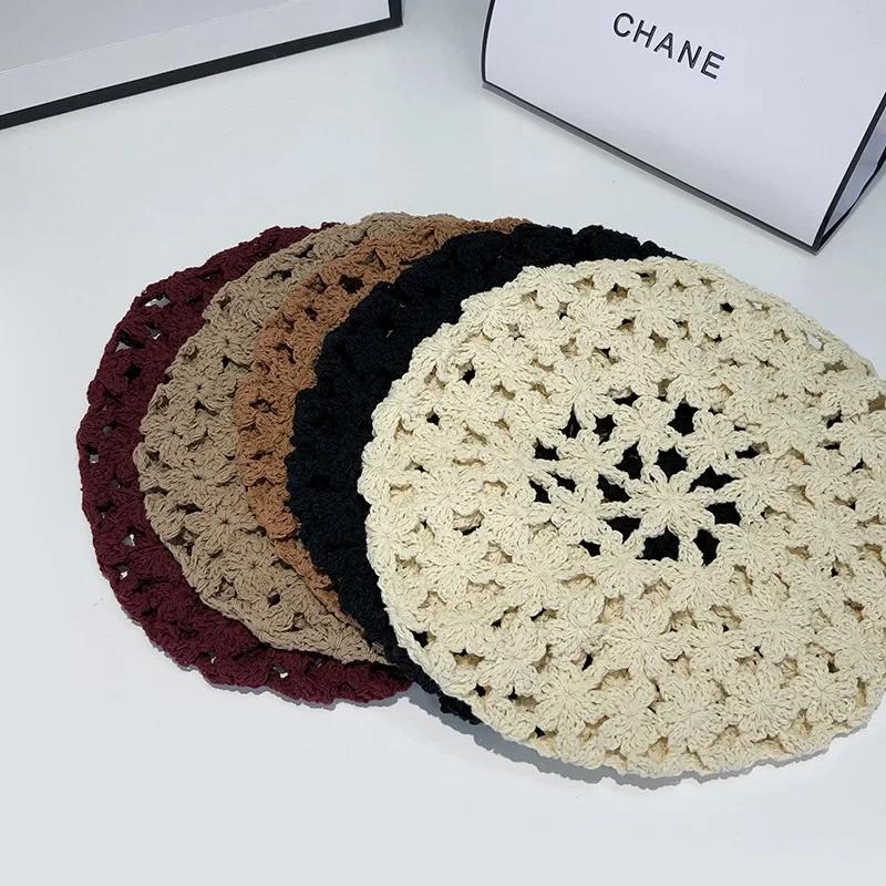 Hollow Breathable Knitting Beret Caps for Women Spring Summer Handmade Hook Flower Design Artist Hat Fashion Mushroom Hat