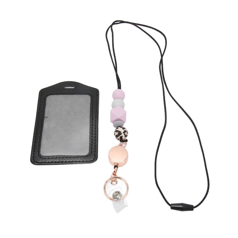 Retractable Silicone Beaded Lanyard with Transparent ID Holder Flesh Pink/Pink/Purple/Grey ID Badge Holder with Lanyard фиолетовый
