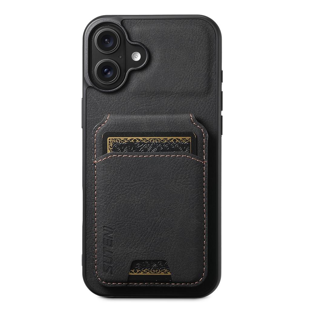 SUTENI H02 For iPhone 16 Case Card Slots Kickstand Litchi Texture Leather+TPU Cover