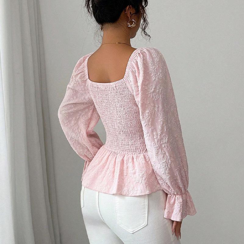 Women's U Neck Long Sleeve Blouse Slim Fit Elegant Tie Front Peplum Shirt