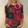 Women's Fashion Casual Round Neck Three-quarter Sleeve Retro Floral Print T-shirt Top