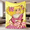 2026 Latest Flannel Blanket | Vintage Candy-Themed, Soft & Warm Digital Print with Retro Cartoon Character, Pink Bows & Flowers