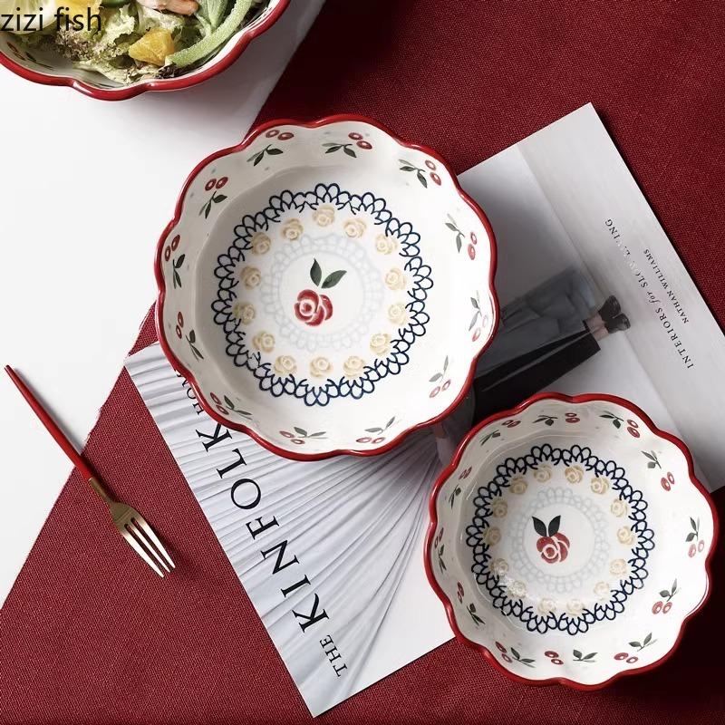 Wiśniowa ceramiczna miska retro miska na warzywa sałatkowa miska na owoce miseczki na jajka na parze miseczki na deser przekąski restauracyjna ceramiczna zastawa stołowa