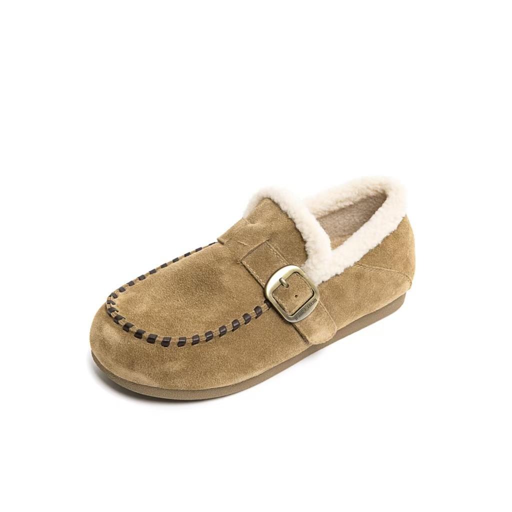 Leder Birkenstocks Damen 2025 Herbst und Winter Fleece Rundum Flauschige Schuhe Flache Sohle Ein Pedal Warme Doudou Schuhe Baumwollschuhe