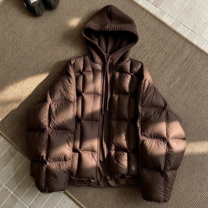 Knitted Hooded Puff Cotton-padded Clothes for Women's New Fake Two-piece Loose Cotton-padded Clothes, Warm and Thickened Cotton-padded Jacket.