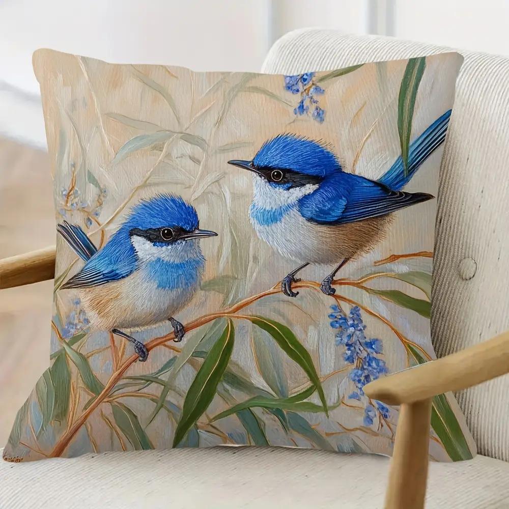 Blue Wren Bird Print Throw Pillow Cover, Vintage Oil Painting Style Decorative Cushion For Living Room Bedroom Sofa Couch