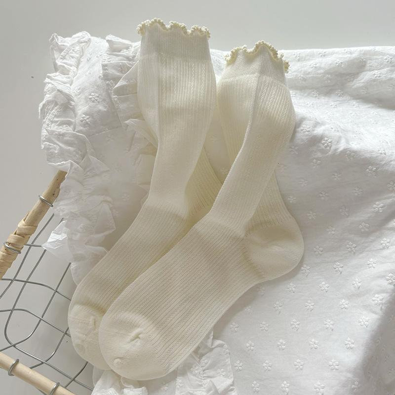 Women's White Ruffled Mesh Crew Socks - Breathable, Sweat-Absorbent, Solid Color, Trendy Summer Style