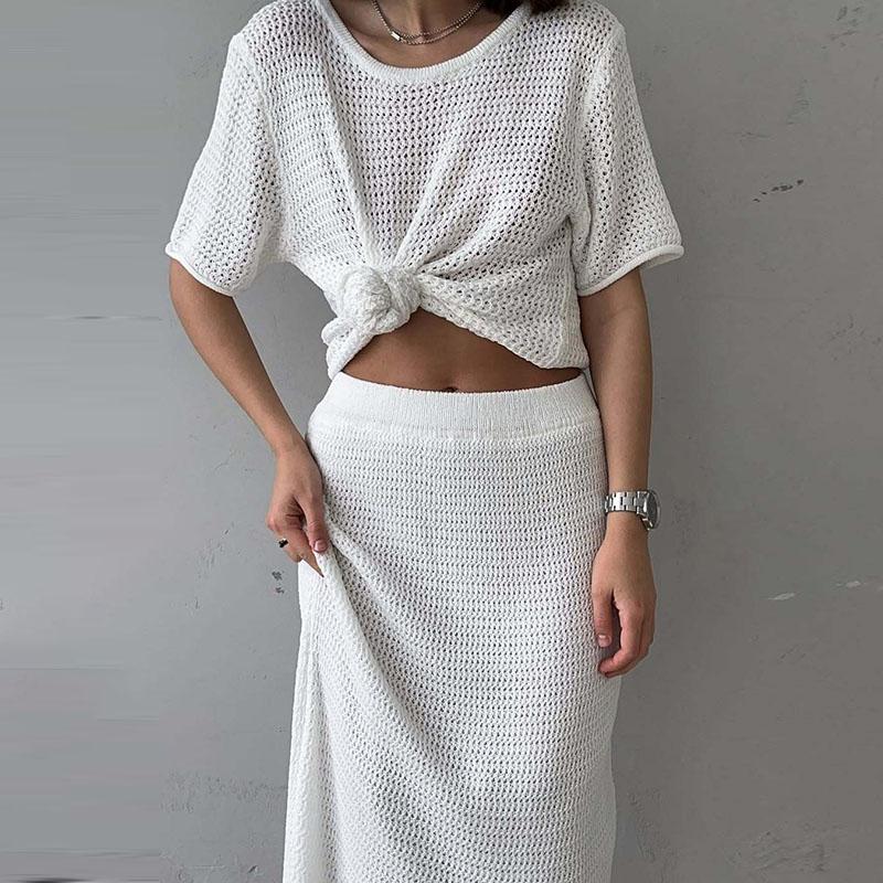 Women's Casual Suit Short Sleeved Hollowed Out Top Knitted Half Skirt Set Solid Color Versatile Summer Refreshing Wearing Temperament Elegant Dress
