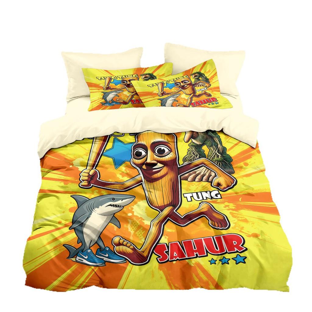 Cartoon ai Brainrot Tung Tung Sahur Bedding Set Bedroom Decoratio Duvet Cover Pillowcase Adult Boy Girl Single Double Large Siz