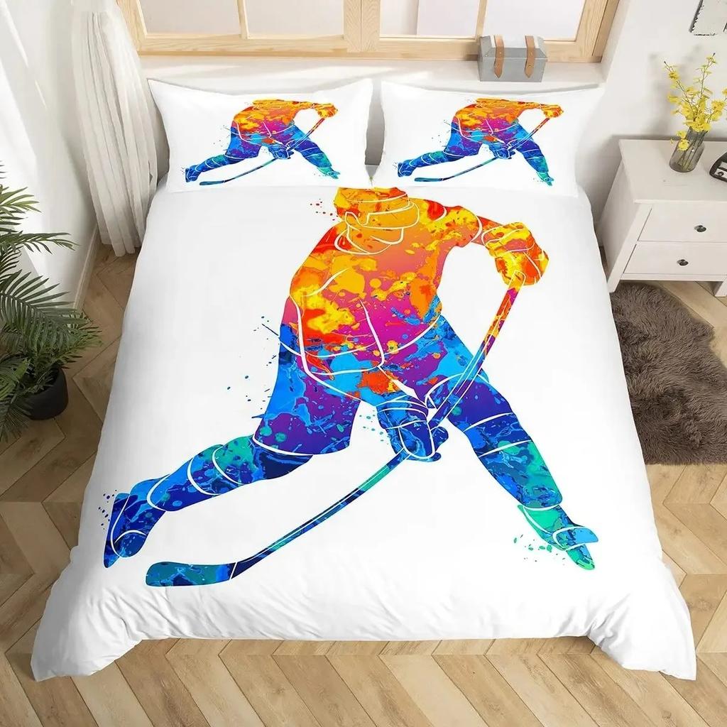 Eishockey Bettbezug-Set Full Queen Größe, Geometrisches Karo Patchwork Stilvolles Bettwäsche-Set, Athlet Wintersport Bettdeckenbezug