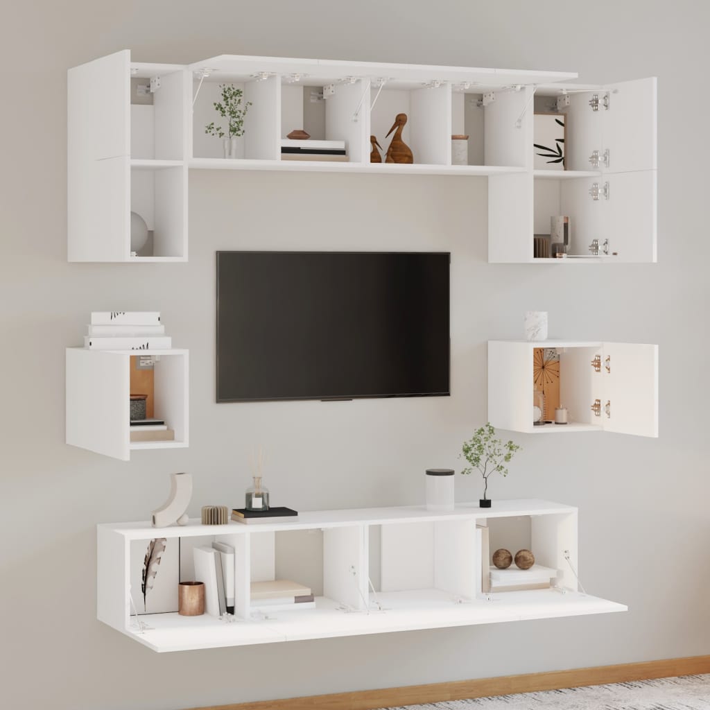 8 piece TV cabinet set white particleboard