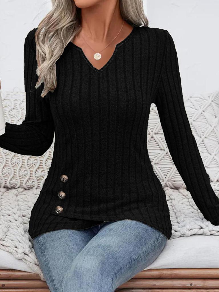 European & American Ribbed V-Neck Long Sleeve Top with Cut-Out Detail & Irregular Hem
