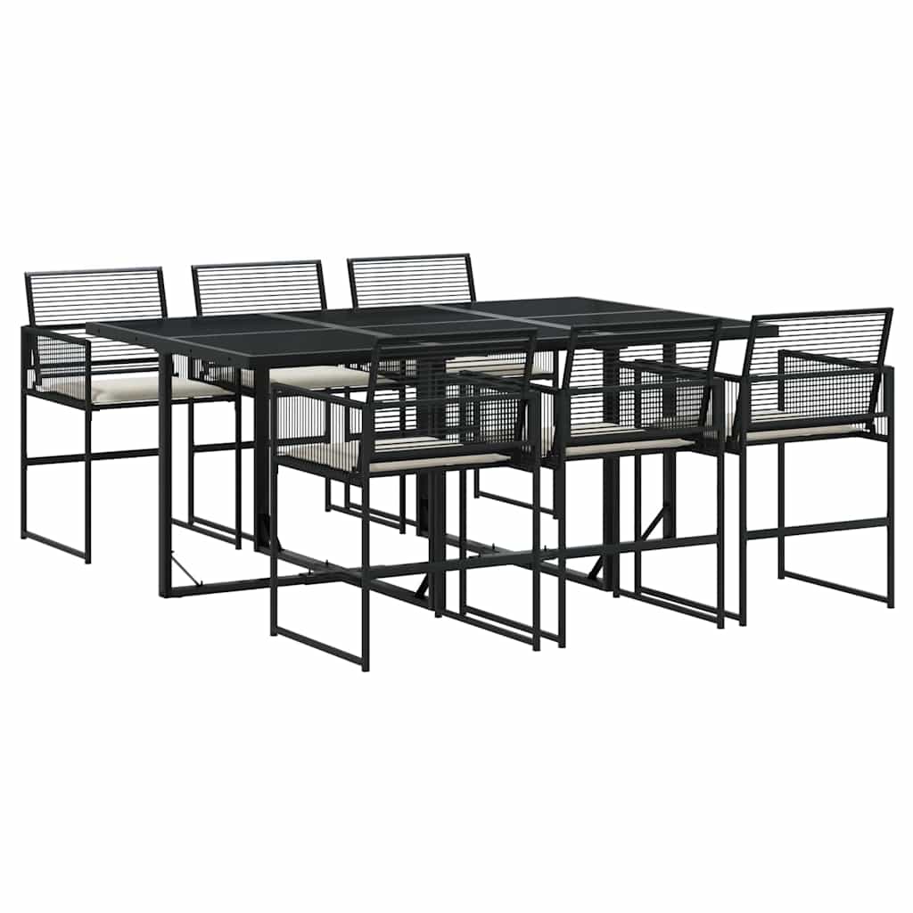 7 Piece Outdoor Dining Set with Cushions Black Poly Rattan