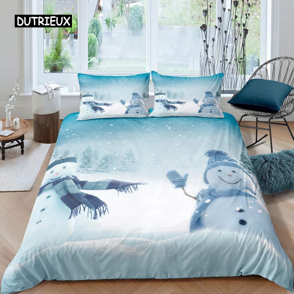 Snowman Duvet Cover Set Kids Girl Christmas Comforter Cover Winter Snow Bedding Set New Year Cartoon Style Polyester Quilt Cover
