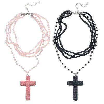 Stylish Multilayer Resin Beads And Alloy Crucifix Pendant Necklace Neck Jewelry Accessories For Daily Wear