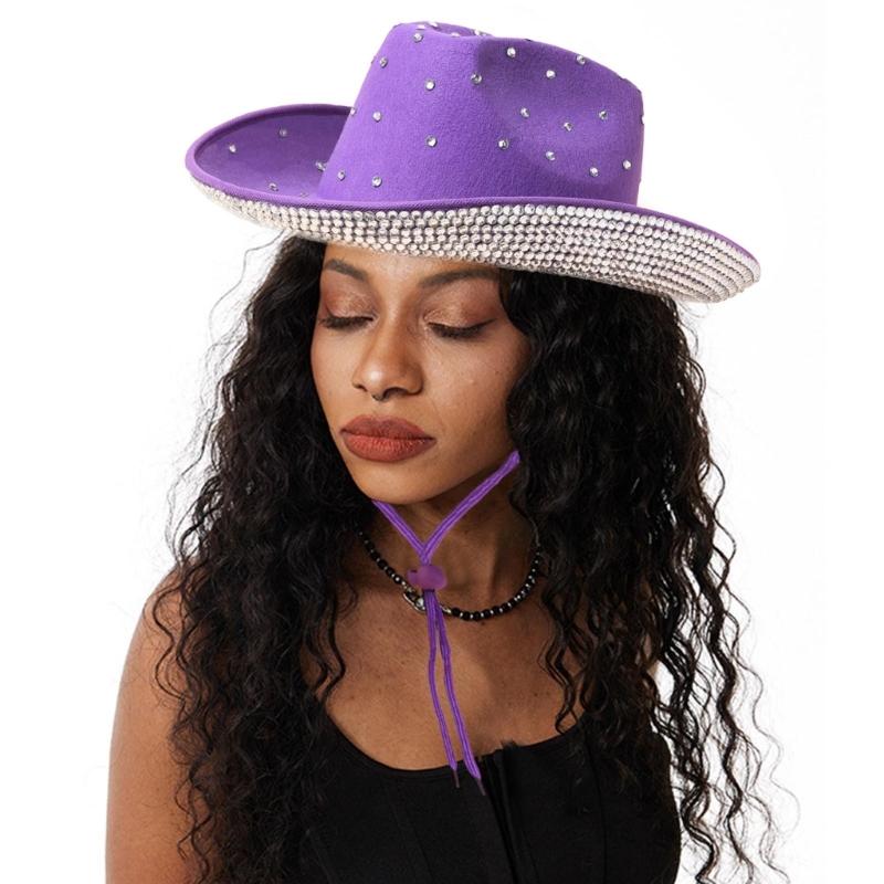 Vacation Cowboy Hat Panama Hat Crystal Brim Hat Rhinestones Hand Beading Crystal for Carnivals Music Festival
