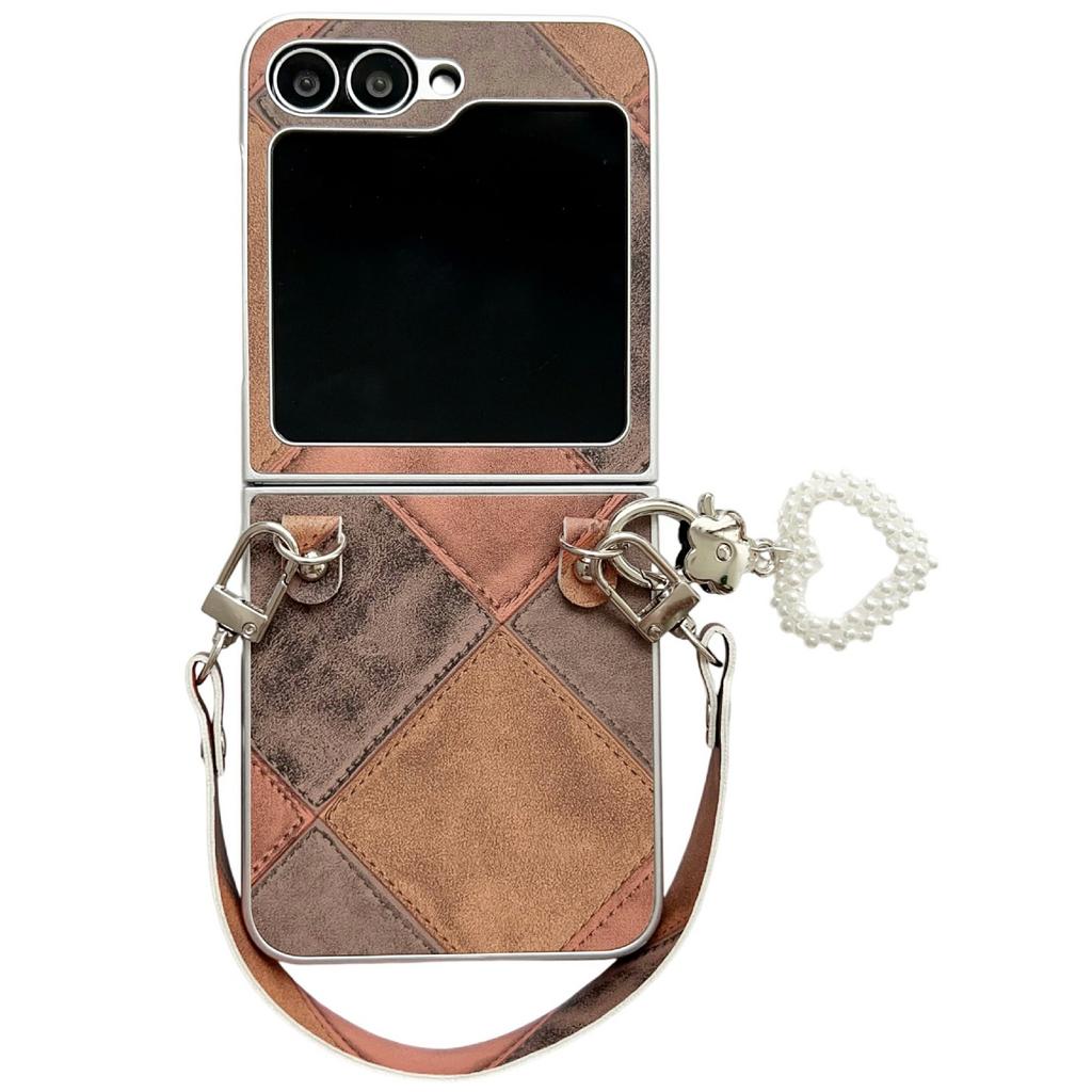 For Samsung Galaxy Z Flip7 FE 5G/Z Flip6 5G Case Retro Rhombus PU + PC Phone Cover with Love Pendant and Strap