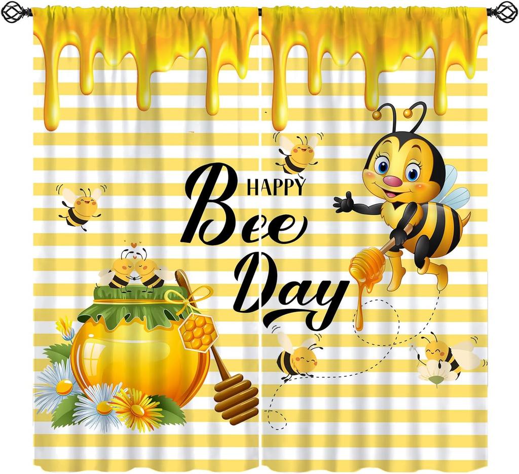 Rustic Honey Bee Curtains Honeycomb Daisy Floral Window Treatments Insulated Drapes Panel Sets Curtain With Rod Pocket Thermal Polyester
