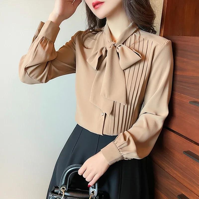 Elegante weiße Hemden mit Schleifenkragen für Damen, Langarm, Koreanische Modekleidung, Blusas Mujer, Arbeits-Chiffonblusen, Büro-Damenoberteile, Y2k