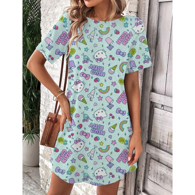 Robe d'été élégante et belle pour femme Nouvelle collection Hello Kitty Jupe courte sexy Robe mini à col rond pour femme