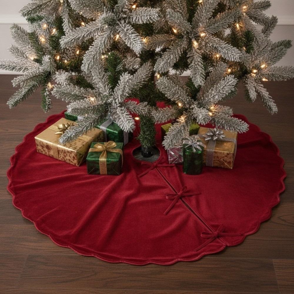 Velvet Wavy Edge Christmas Tree Skirt With Straps Soft Christmas Tree Base Mat Reusable Solid Color Christmas Tree Collar