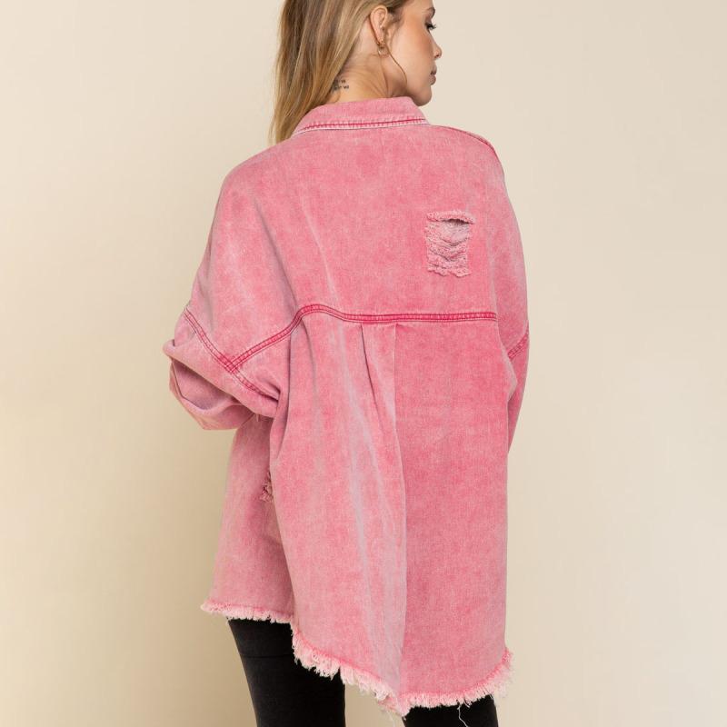 Zerrissene Retro-Street-Denim-Hemdjacke für Damen mit Reverskragen und langen Ärmeln