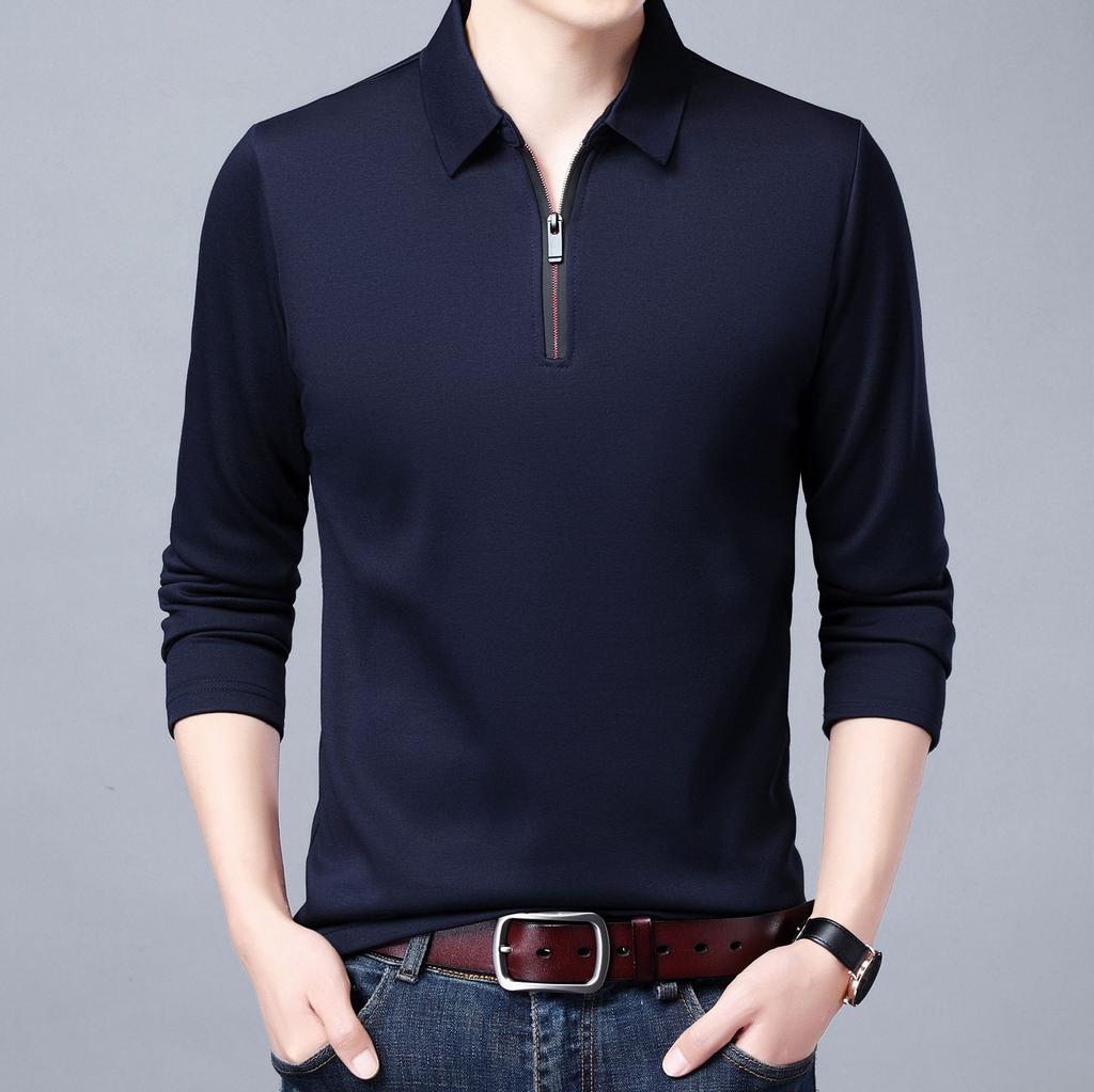 Large Size Men's Spring Solid Color Lapel Long-sleeved Polos Shirt