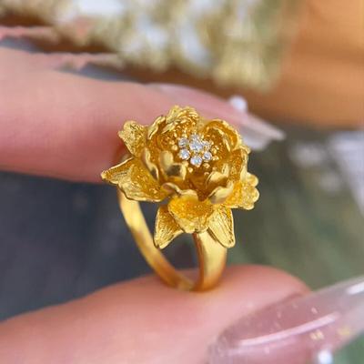 24K Ancient Gold Zircon Lotus Open Ring, New Chinese Light Luxury Exquisite Design Ring, Personalized Niche Jewelry