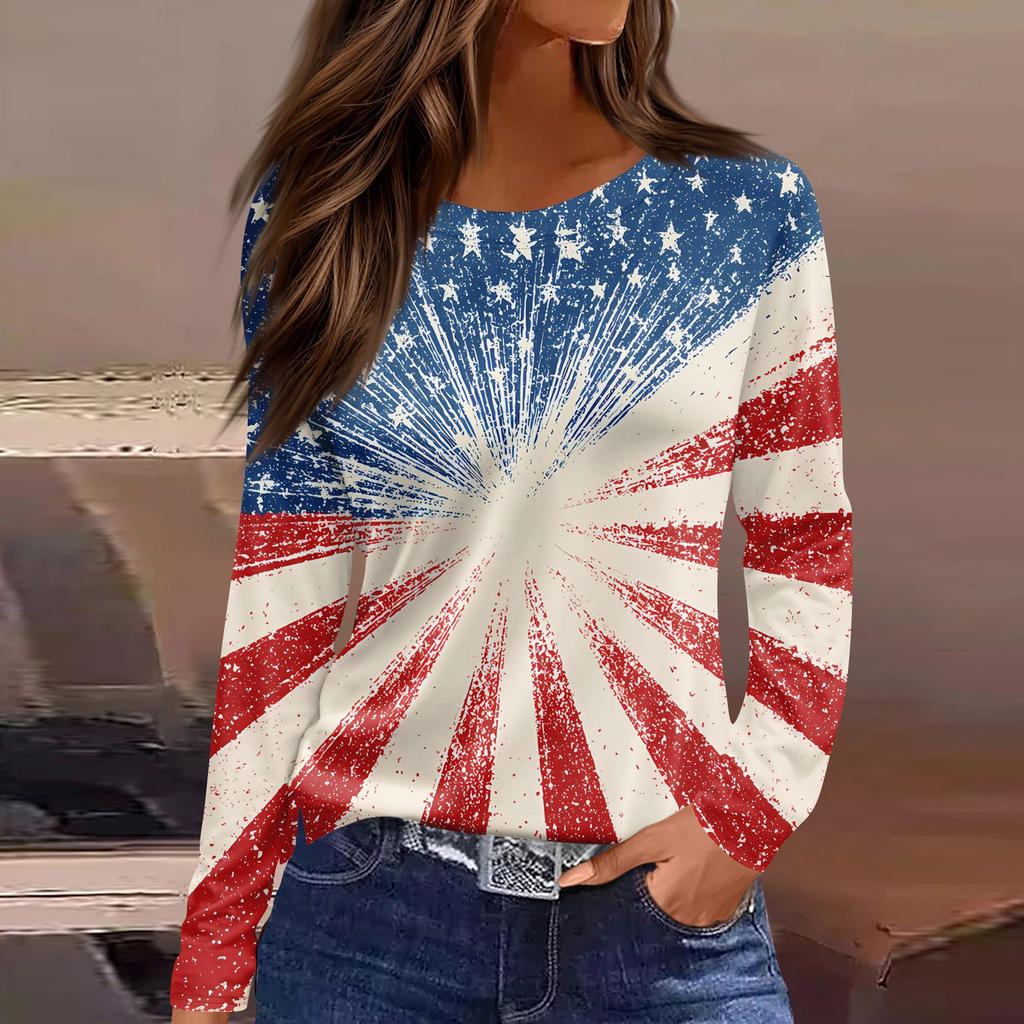 Women's Fashion Casual Slit Hem Round Neck Long Sleeve Loose Printed T-Shirt Ladies Top