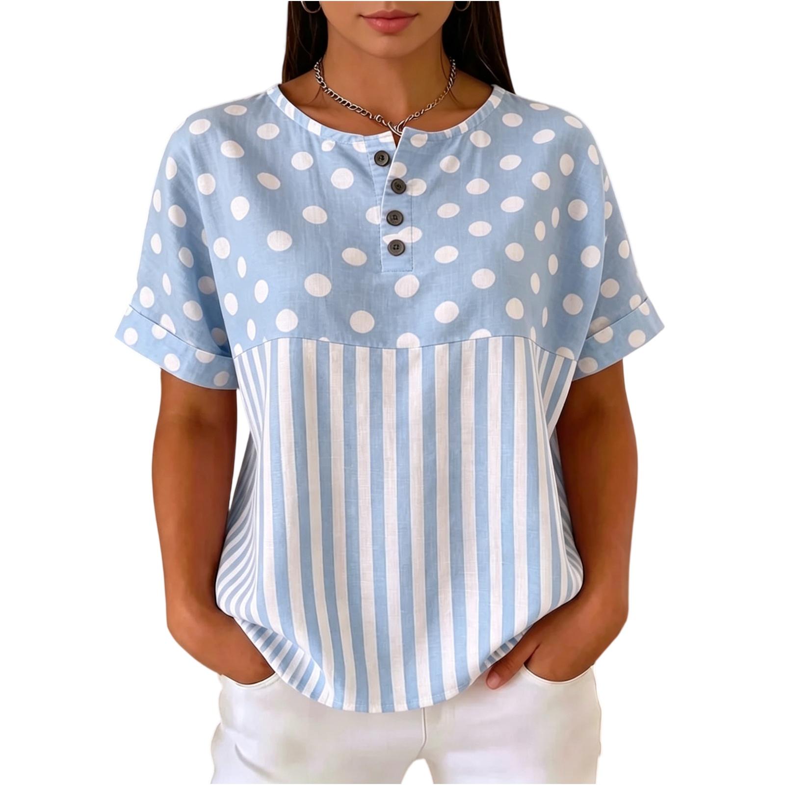 

Ladies Casual Polka Dot Printed Round Neck Short Sleeved T-shirt Top M