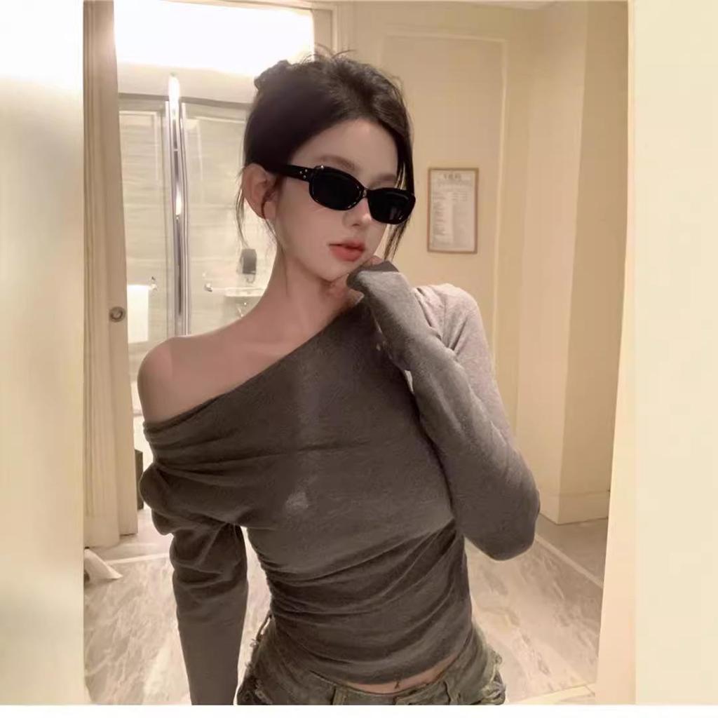 Spring/Autumn Asymmetrical One-Shoulder Long Sleeve Slim T-Shirt