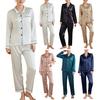 Yousheng 2 Pcs/Set Pajamas Suit Satin Single-breasted Cardigan Shirt V Neck Notch Collar Solid Color Shirt Wide Leg Loose Trousers Nighty Suit