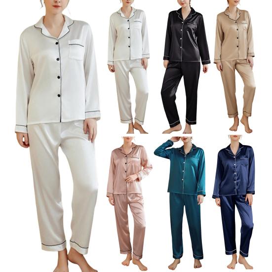 Yousheng 2 Pcs/Set Pajamas Suit Satin Single-breasted Cardigan Shirt V Neck Notch Collar Solid Color Shirt Wide Leg Loose Trousers Nighty Suit