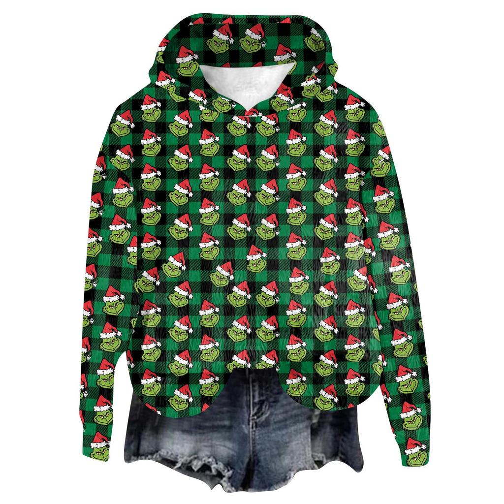 Women's Hooded Long Sleeve Christmas Printed Flannel Top Hooded Sweatshirt