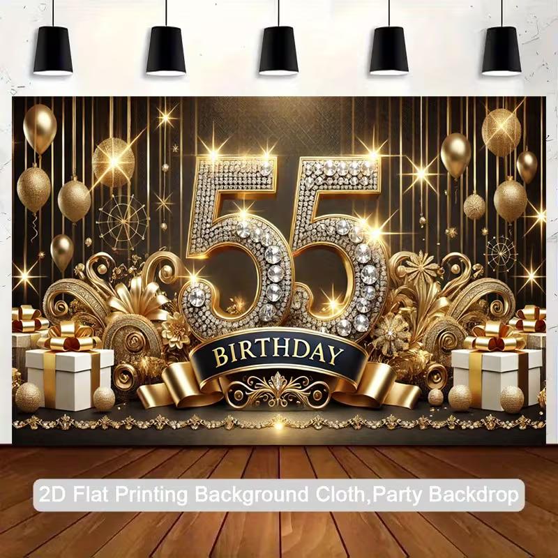 Sfondo 2D per 55° Compleanno, Elegante Banner Decorazione Murale per Festa Nero Oro Diamante